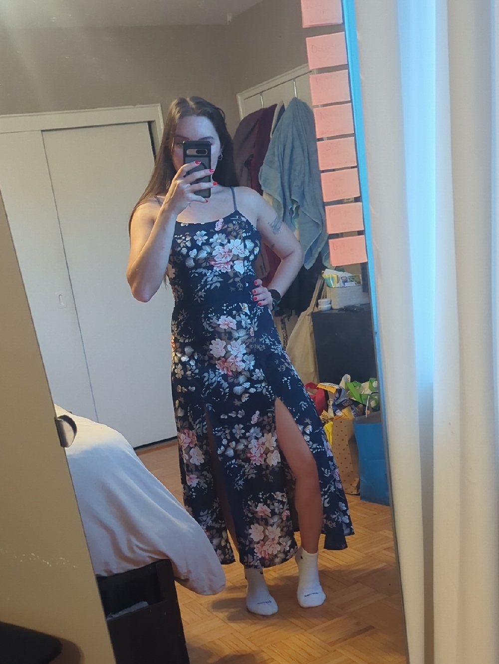 Navy Floral High-Low Maxi Dress with Side Slit - Womens